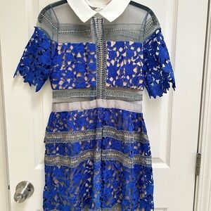 Dupe Blue Lace and Sheer Dress with White Collar